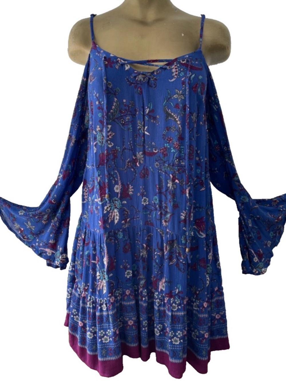 Cold-Shoulder BOHO Floral Bell Sleeve MINI DRESS Size Medium